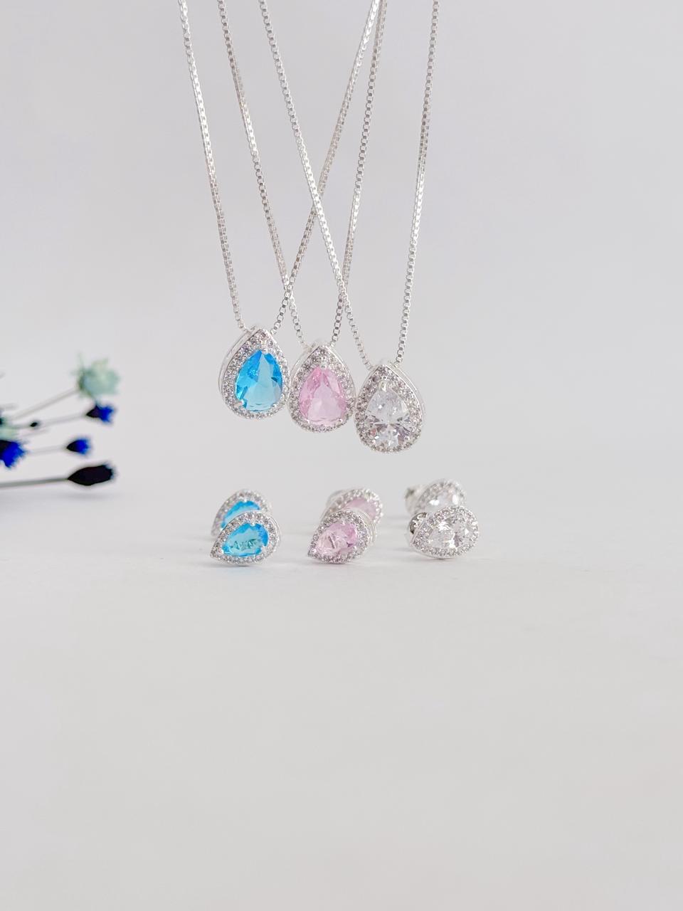 Conjunto banhado a prata com gota de zircônia