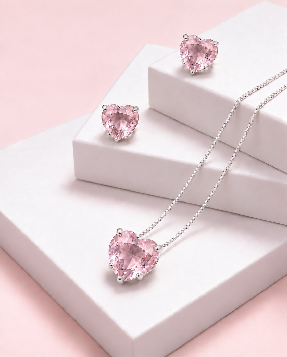Conjunto de coração rosa folheado a prata
